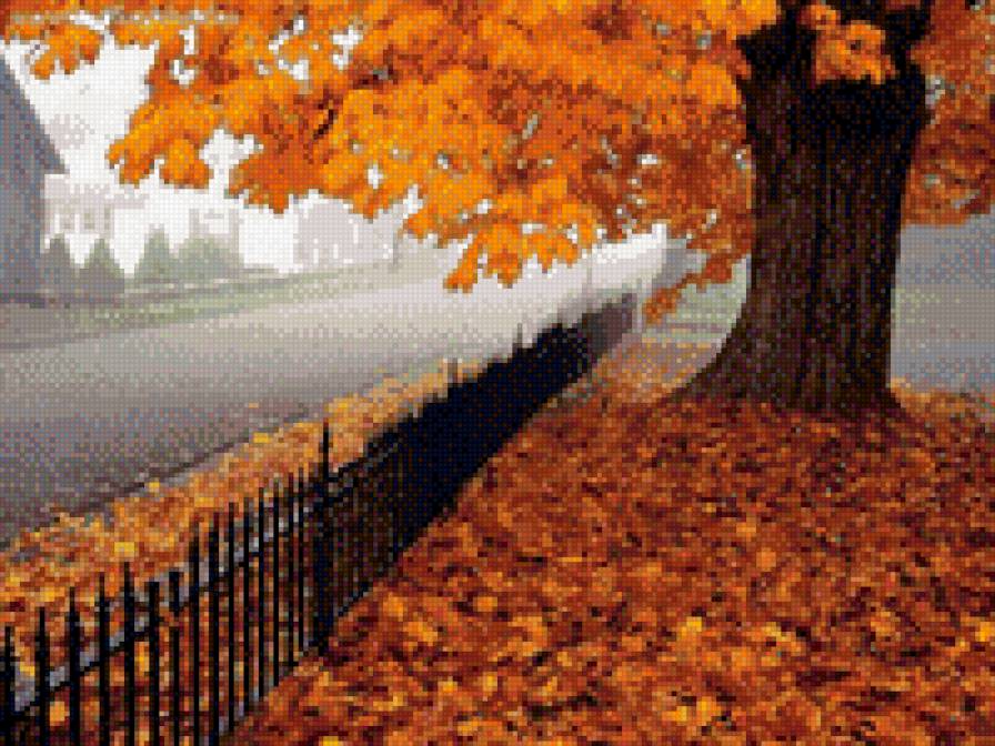 осень - дорога, времена года, осень, забор, листья - предпросмотр