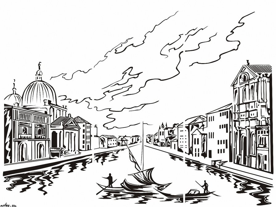 Канал в Венеции - пейзаж, монохром, контурная - оригинал