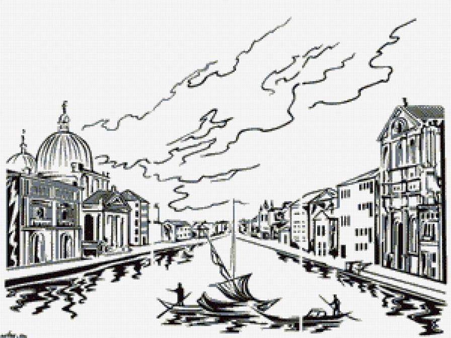 Канал в Венеции - контурная, монохром, пейзаж - предпросмотр