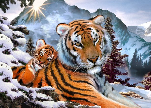 тигрица в горах - зима, тигр, тигренок - оригинал