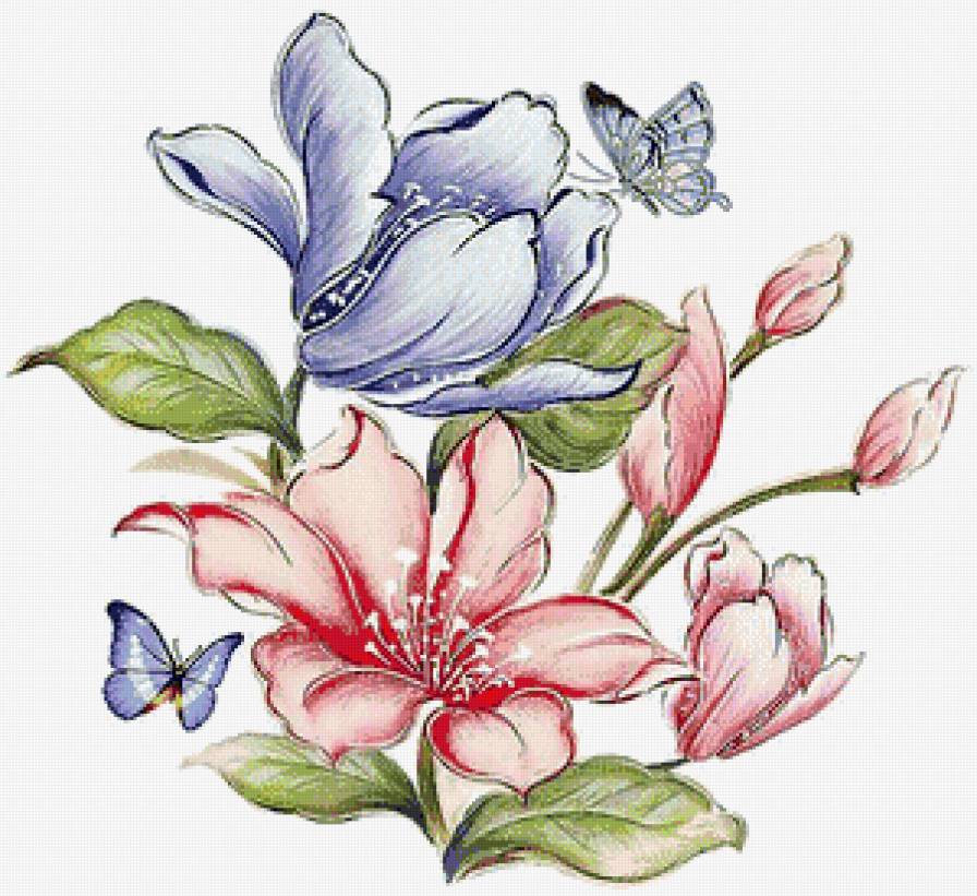 бабочки и цветы - бабочки, лилия, букет, синие цветы, лилии, бабочка, розовые цветы - предпросмотр