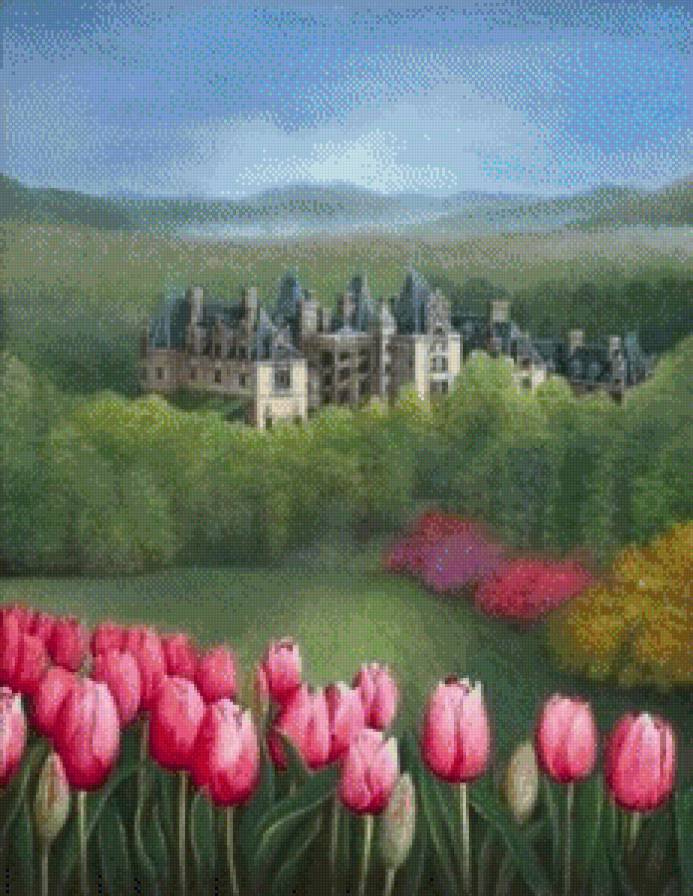 Замок - тюльпаны, пейзаж, замок - предпросмотр