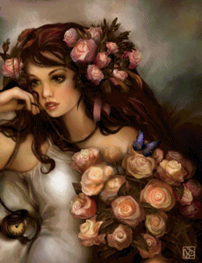 принцесса с розами - девушка, фентази, глаза, красота, портрет, картина - предпросмотр
