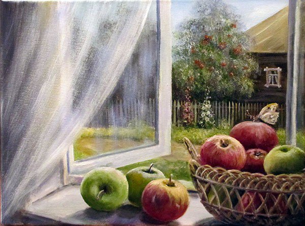 август - лето, окно, яблоки, деревня, природа, урожай, натюрморт - оригинал