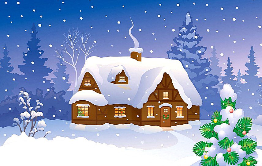 Зимний домик - зима, елочки, снег, домик, пейзаж - оригинал