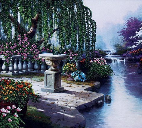 цветы у пруда - картина, пруд, цветы - оригинал