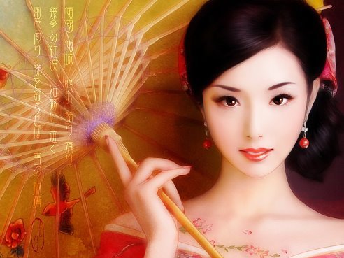 Японка - женщина, зонт, японка, восток, птицы - оригинал
