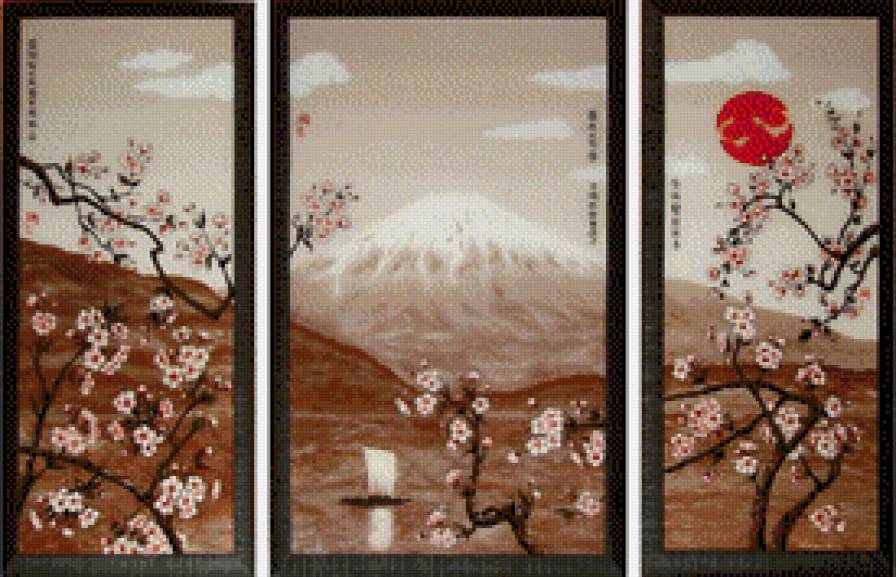 триптих Фудзияма и цветущая сакура - пейзаж, цветы - предпросмотр