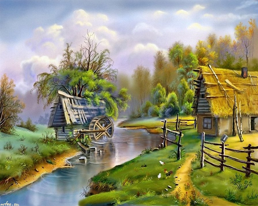 Домик у реки - деревья, природа, река, мельница, дерево, вода, дом, колесо - оригинал