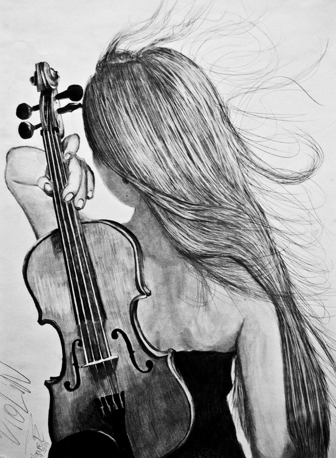 Девушка со скрипкой - черно-белое, скрипка, девушка, спина - оригинал