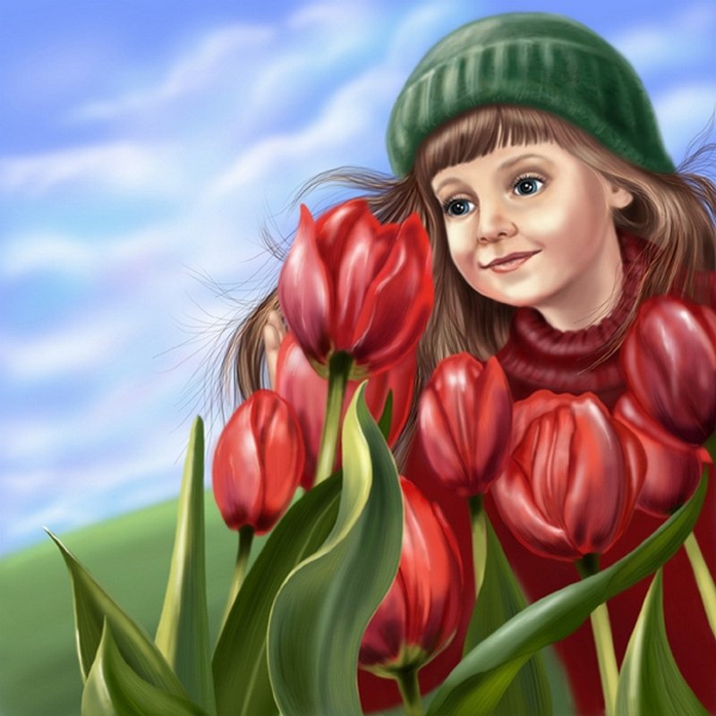 Девочка с тюльпанами - цветы, девочка, дети, детская - оригинал