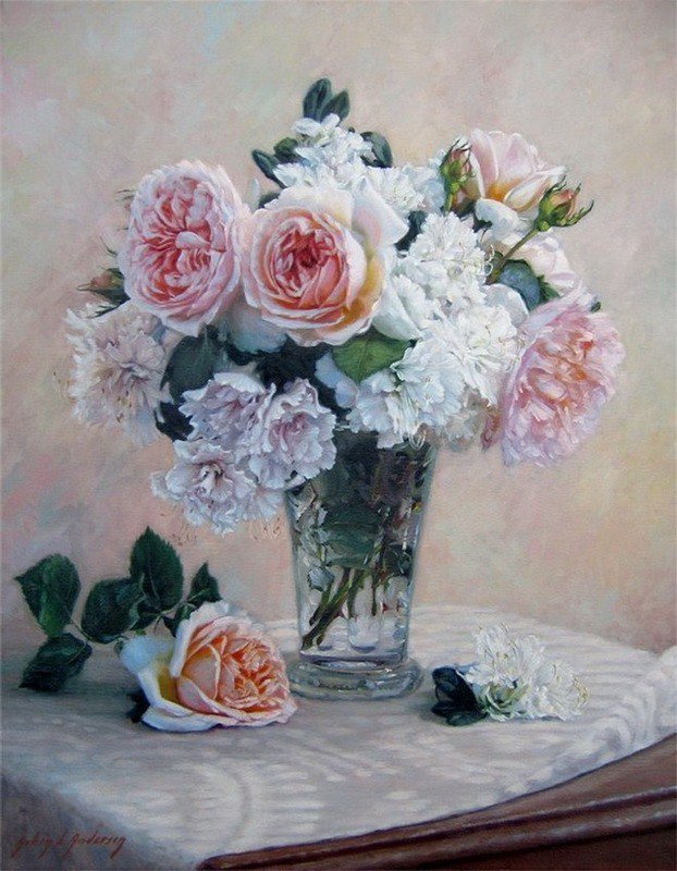 розы в стекляной вазе - розы, натюрморт, ваза, букет - оригинал