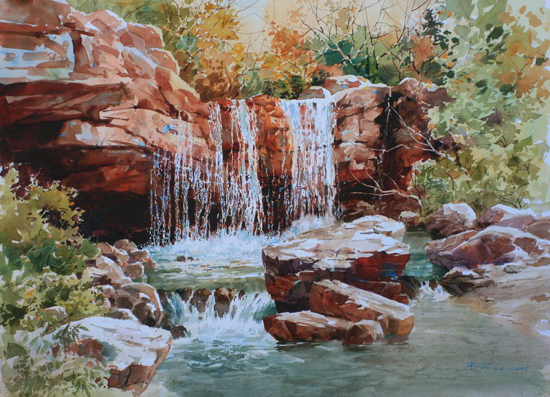 водопад - скалы, природа, водопад, живопись - оригинал