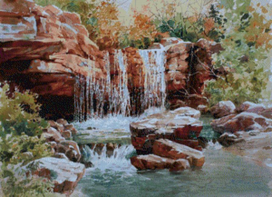 водопад - скалы, водопад, природа, живопись - предпросмотр