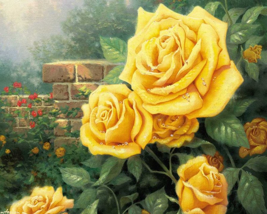 Розы в саду - сад, розы, желтые цветы - оригинал