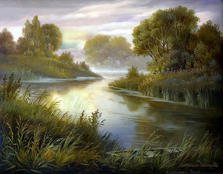 картина - пейзаж, речка, утро, природа - оригинал