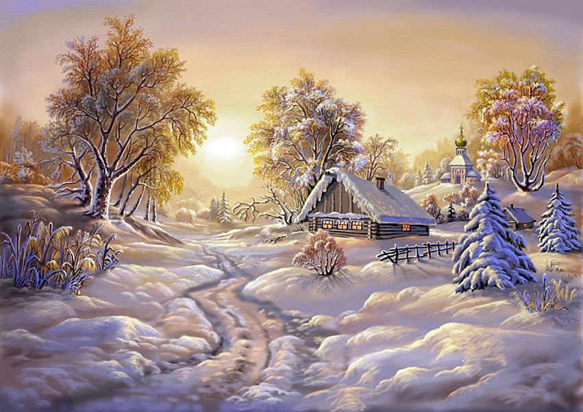 картина - природа, зима, домик - оригинал
