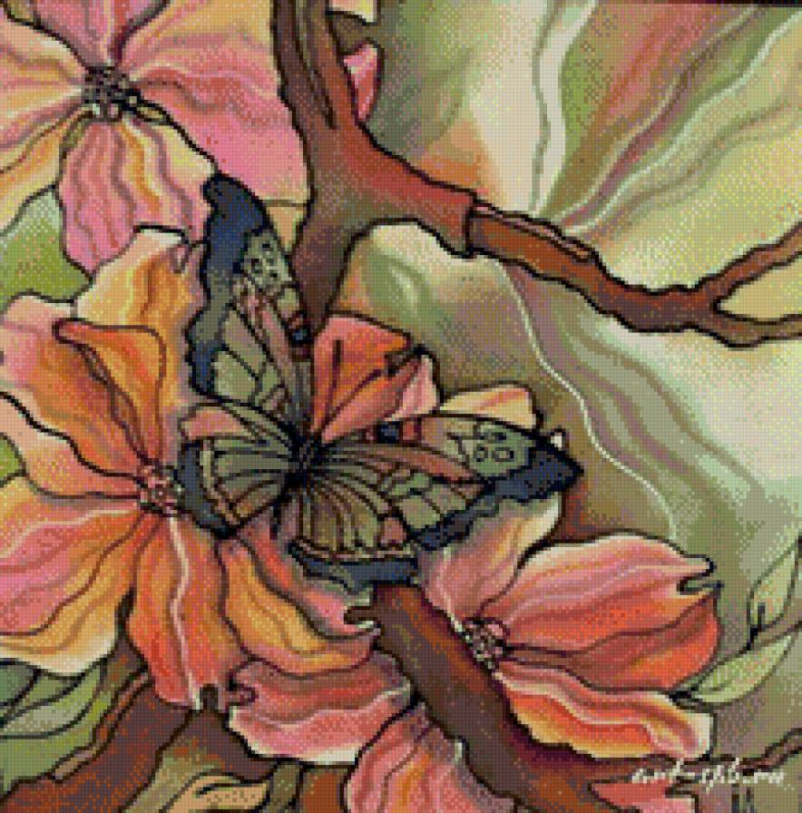 бабочка - картина, цветы, витраж - предпросмотр