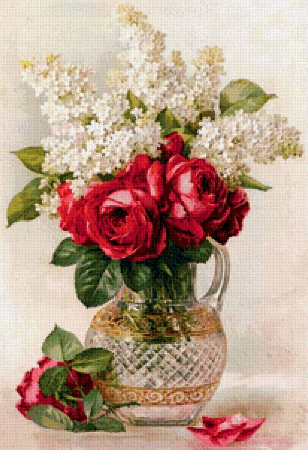 белая сирень и розы в вазе - ваза, натюрморт, цветы, букет, розы, сирень - предпросмотр