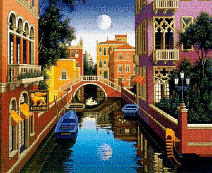 Светлая ночь - пейзаж, луна, венеция, лодки, город, ночь - предпросмотр