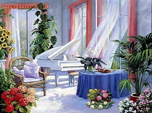 Утренний ветерок - занавески, ветерок, интерьер, цветы, утро, рояль, гостиная - оригинал