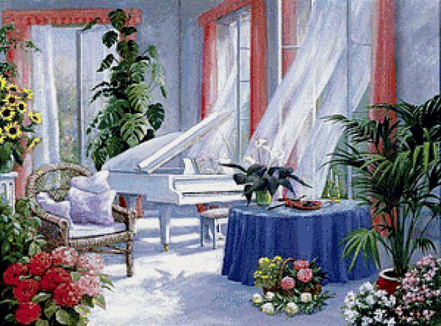 Утренний ветерок - занавески, интерьер, гостиная, цветы, утро, ветерок, рояль - предпросмотр