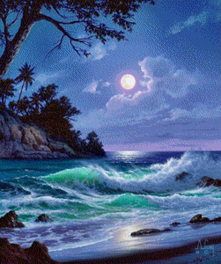 ночной прибой - берег, пейзаж, луна, море - предпросмотр