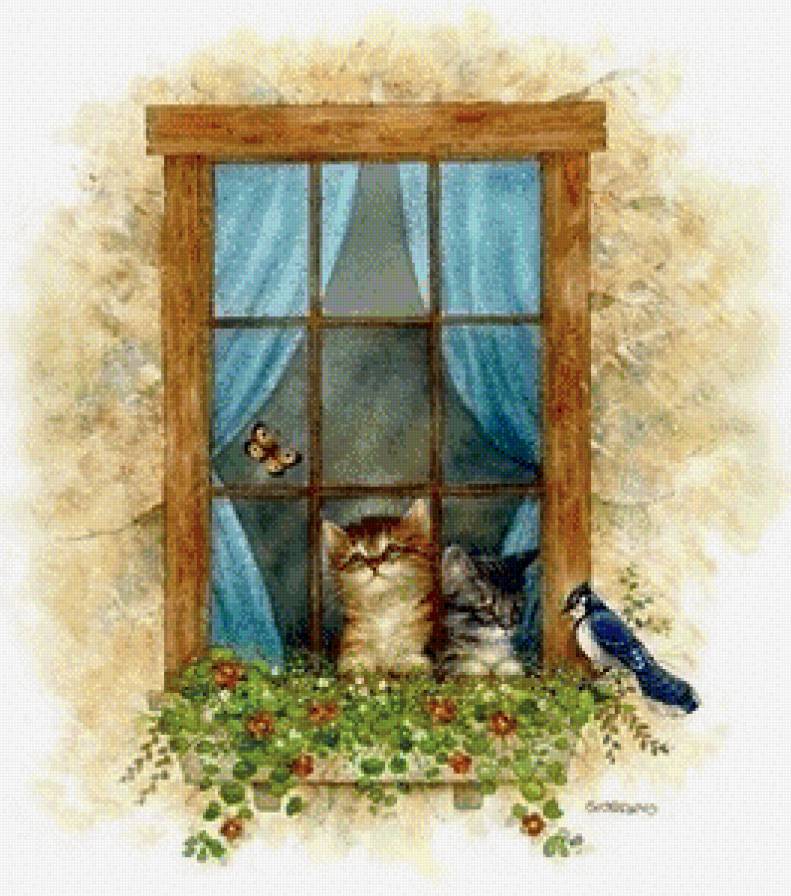 №637087 - котята, птица, бабочка, окно - предпросмотр