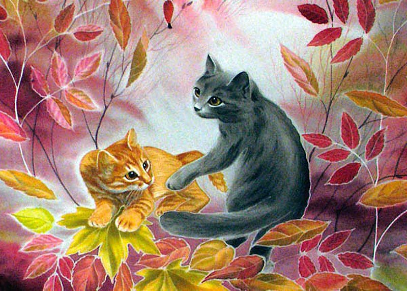 Осенние коты - листья, животные, коты, осень - оригинал