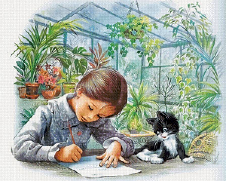 Девочка с котенком - девочка, кот, дети, животные, детская, цветы - предпросмотр