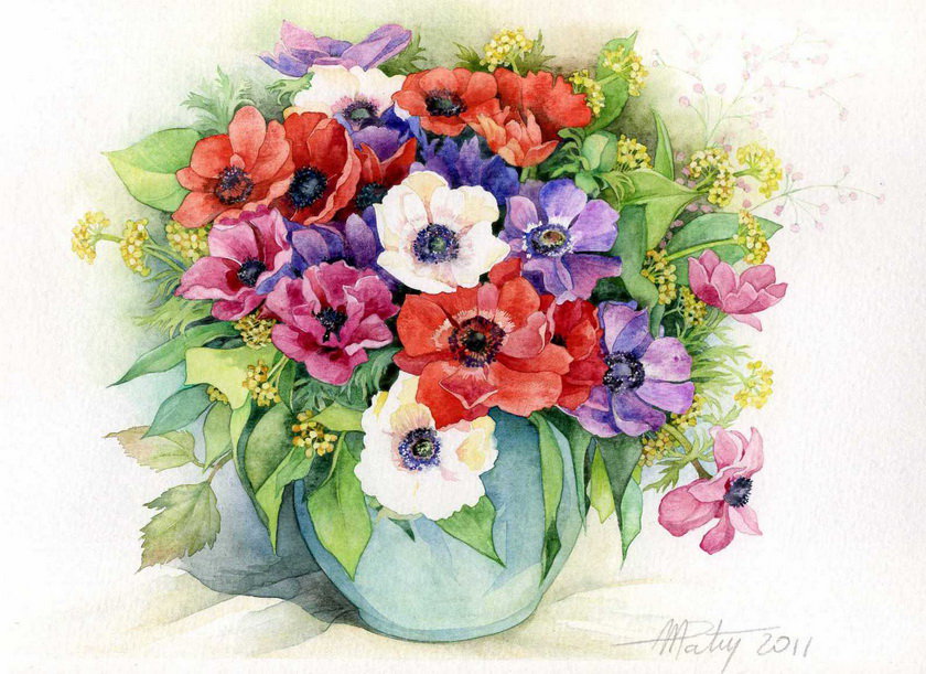 разноцветные маки - цветы, натюрморт, лето, маки, ваза, живопись, букет - оригинал