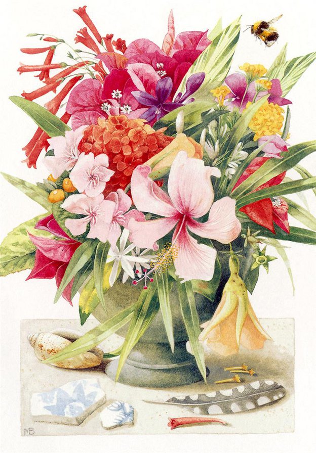 летний букет - пчела, ваза, живопись, лилии, лето, цветы, букет, натюрморт - оригинал
