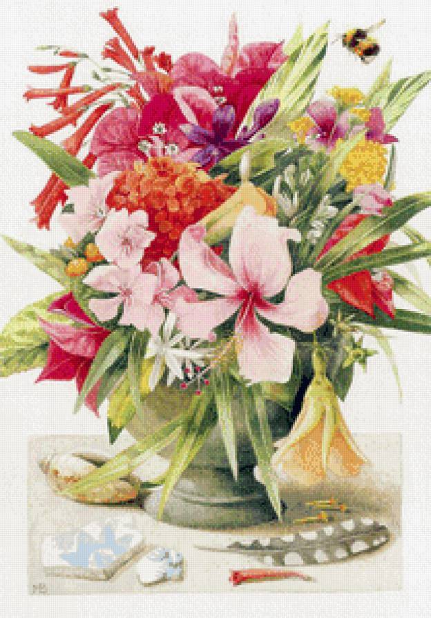 летний букет - натюрморт, ваза, живопись, пчела, цветы, лилии, букет, лето - предпросмотр
