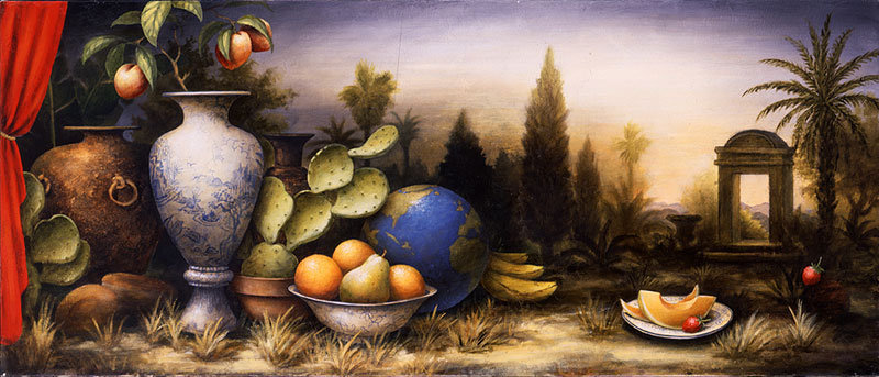натюрморт с глобусом и кактусом - девид слоун, кухня, натюрморт, кактус, фрукты, глобус - оригинал