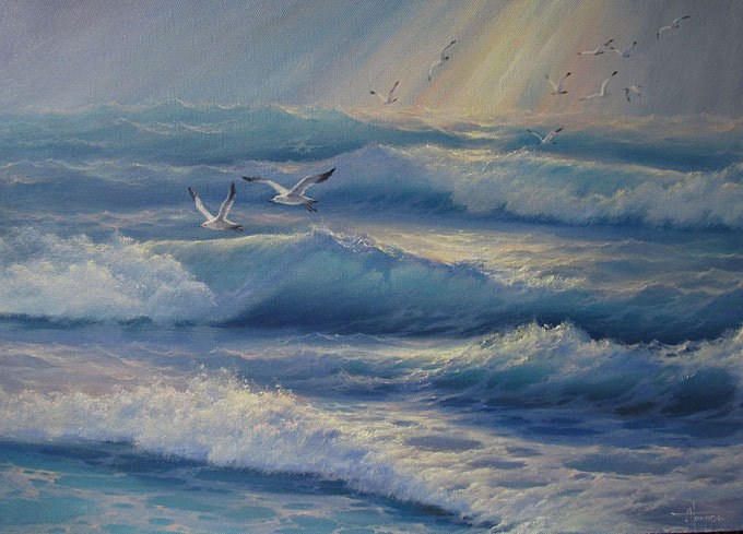 море и чайки - чайки, море, волны, прибой, живопись - оригинал