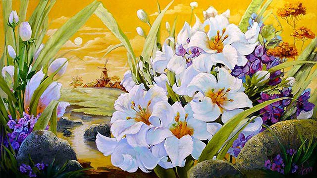 композиция из цветов - акварель, лилии, краски, натюрморт, цветок, живопись - оригинал