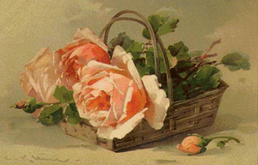 розы в корзине - открытка, цветы, корзина, роза, рисунок - предпросмотр