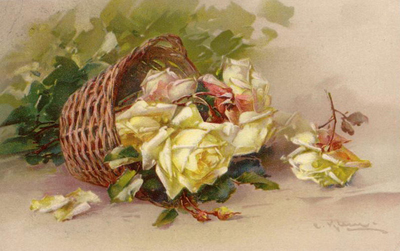розы в корзине - роза, цветы, корзина, открытка, рисунок - оригинал
