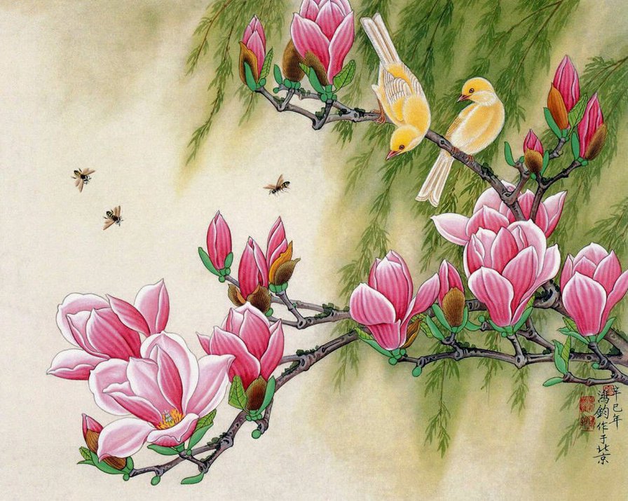 птички на цветущей ветке - цветы - оригинал