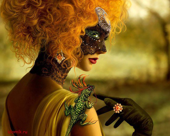 рыжая девушка в маске с ящерицей - арт, маска, ящерица, девушка, рыжая, женщина - оригинал