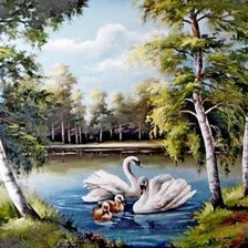 Оригинал схемы вышивки «лебеди в пруду» (№640424)