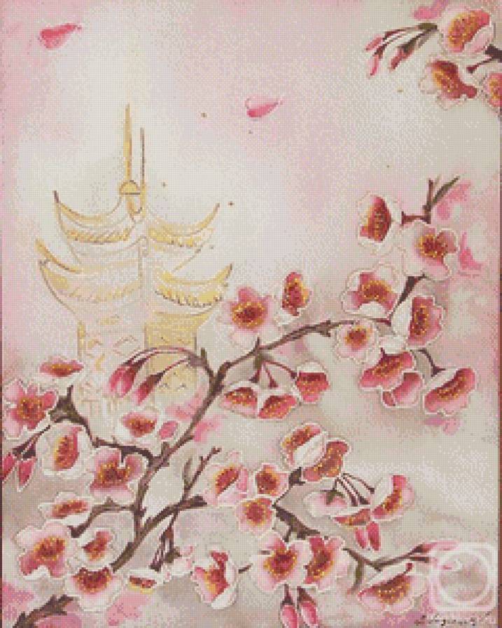 японский мотив - весна, батик, восток, сакура, япония, нежность, цветы, пагода - предпросмотр