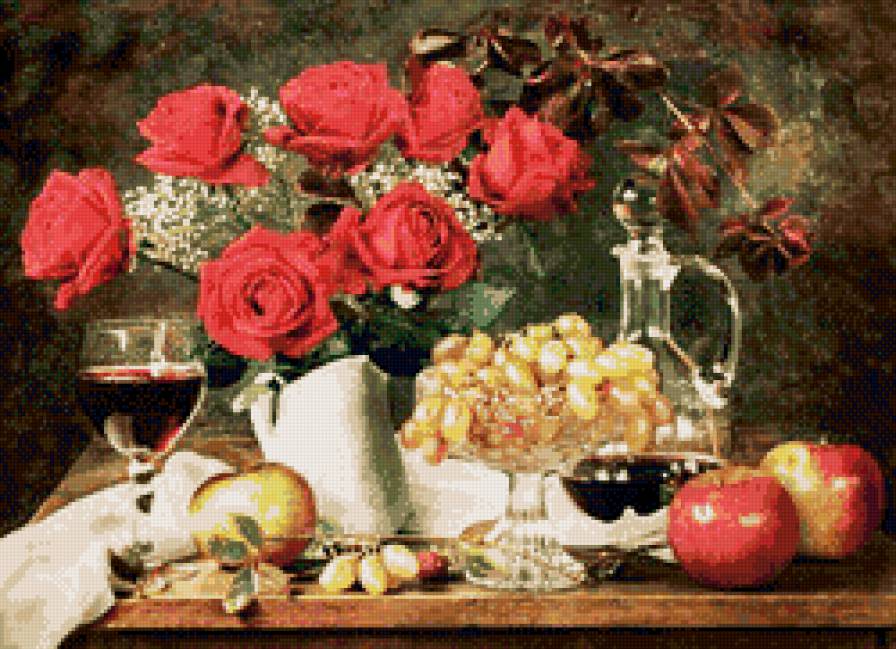 красное вино - розы, цветы, натюрморт, пано, картина - предпросмотр