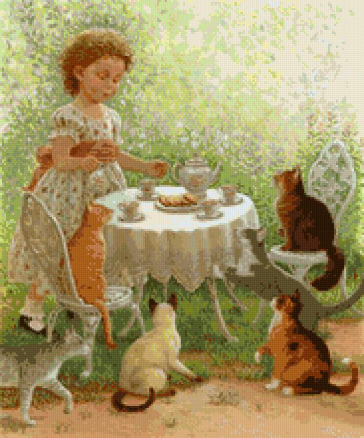 Кошачье чаепитие - чашка, котята, девочка, чай, лето, стол - предпросмотр