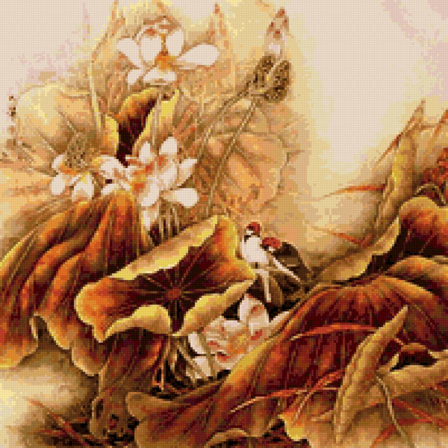 подушка с лотосами - пано, птицы, лотосы, подушка, цветы - предпросмотр