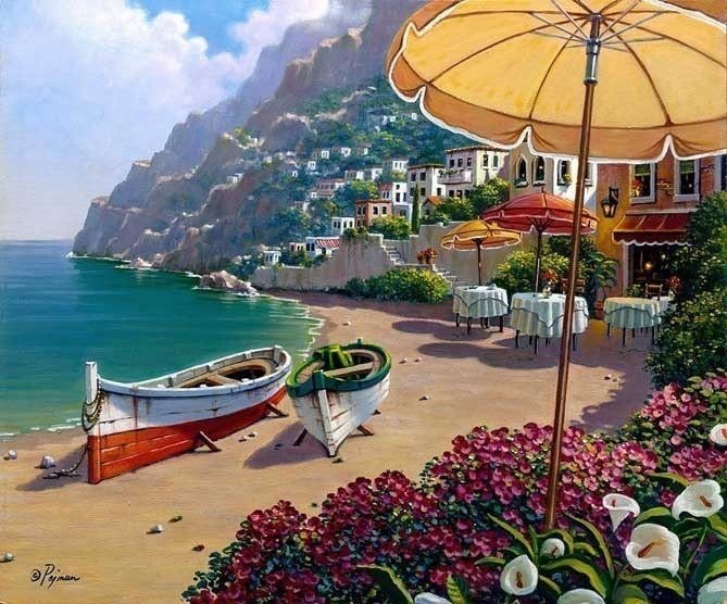 №641129 - пейзаж, море, лодки, живопись - оригинал