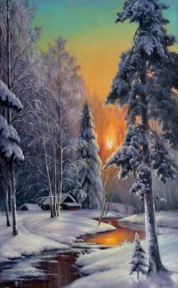 картина - зима, домик, природа - оригинал