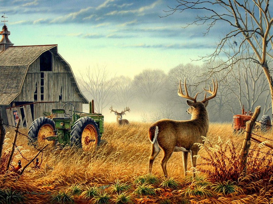 №641817 - лес, птицы, осень, природа, олени, пейзаж, картина - оригинал