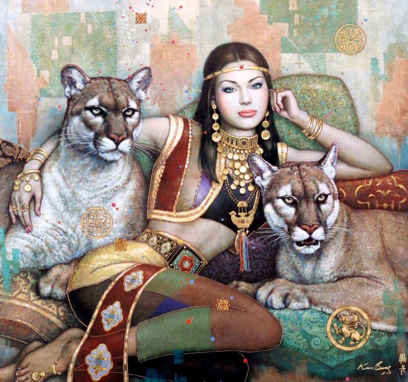 красавица со львицами - арт, женщина, лев, девушка, животные, картина - оригинал