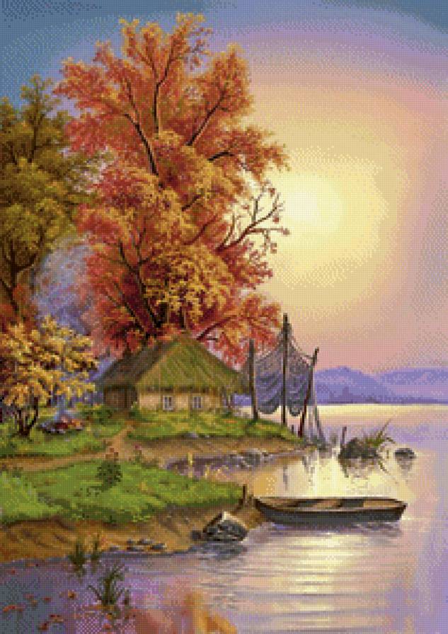 домик рыбака - живопись, природа, река, лодка, рыбалка, пейзаж, березы, домик - предпросмотр